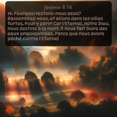 Segond Jérémie  ; image nature: image avec le verset biblique :Pourquoi restons-nous assis? Rassemblez-vous, et allons dans les villes fortes, Pour y périr! Car l&#039;Eternel, notre Dieu, nous destine à la mort, Il nous fait boire des eaux empoisonnées, Parce que nous avons péché contre l&#039;Eternel. ;  ; 8:14