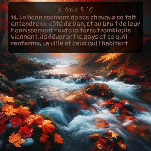 Segond Jérémie  ; image nature: image avec le verset biblique :Le hennissement de ses chevaux se fait entendre du côté de Dan, Et au bruit de leur hennissement toute la terre tremble; Ils viennent, ils dévorent le pays et ce qu&#039;il renferme, La ville et ceux qui l&#039;habitent. ;  ; 8:16