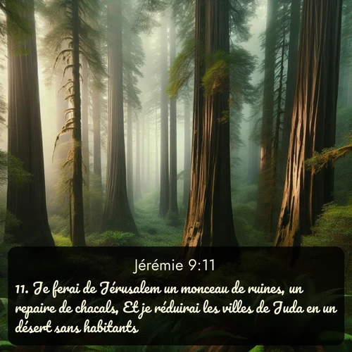 Segond Jérémie  ; image nature: image avec le verset biblique :Je ferai de Jérusalem un monceau de ruines, un repaire de chacals, Et je réduirai les villes de Juda en un désert sans habitants. - ;  ; 9:11