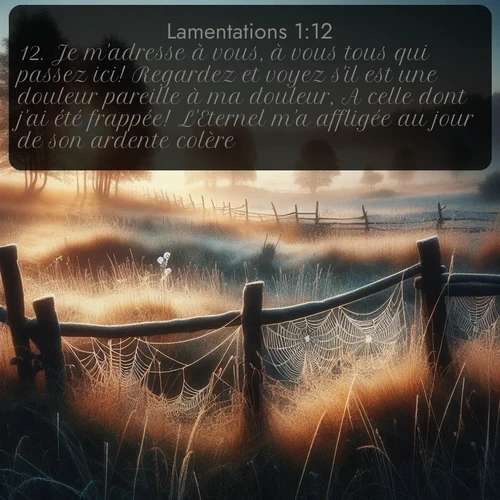 Segond Lamentations  ; image nature: image avec le verset biblique :Je m&#039;adresse à vous, à vous tous qui passez ici! Regardez et voyez s&#039;il est une douleur pareille à ma douleur, A celle dont j&#039;ai été frappée! L&#039;Eternel m&#039;a affligée au jour de son ardente colère. ;  ; 1:12