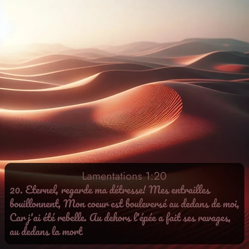 Segond Lamentations  ; image nature: image avec le verset biblique :Eternel, regarde ma détresse! Mes entrailles bouillonnent, Mon coeur est bouleversé au dedans de moi, Car j&#039;ai été rebelle. Au dehors l&#039;épée a fait ses ravages, au dedans la mort. ;  ; 1:20