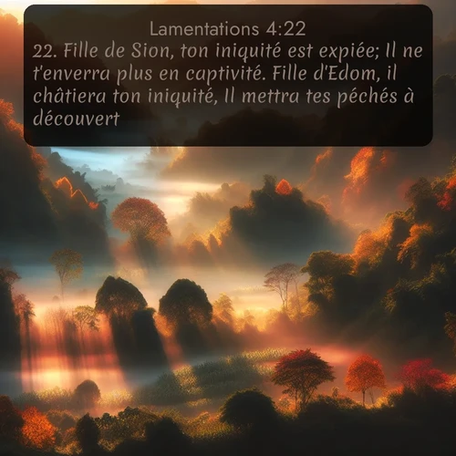 Segond Lamentations  ; image nature: image avec le verset biblique :Fille de Sion, ton iniquité est expiée; Il ne t&#039;enverra plus en captivité. Fille d&#039;Edom, il châtiera ton iniquité, Il mettra tes péchés à découvert. ;  ; 4:22