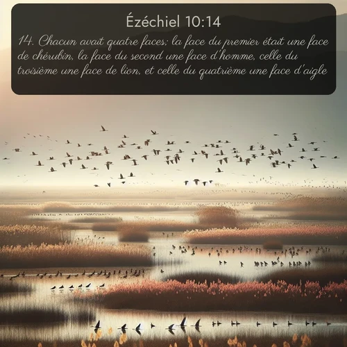 Segond Ézéchiel  ; image nature: image avec le verset biblique :Chacun avait quatre faces; la face du premier était une face de chérubin, la face du second une face d&#039;homme, celle du troisième une face de lion, et celle du quatrième une face d&#039;aigle. ;  ; 10:14