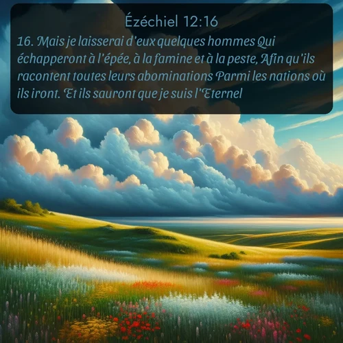 Segond Ézéchiel  ; image nature: image avec le verset biblique :Mais je laisserai d&#039;eux quelques hommes Qui échapperont à l&#039;épée, à la famine et à la peste, Afin qu&#039;ils racontent toutes leurs abominations Parmi les nations où ils iront. Et ils sauront que je suis l&#039;Eternel. ;  ; 12:16