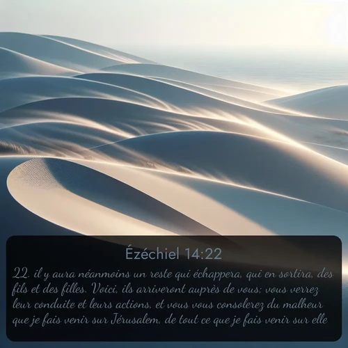 Segond Ézéchiel  ; image nature: image avec le verset biblique :il y aura néanmoins un reste qui échappera, qui en sortira, des fils et des filles. Voici, ils arriveront auprès de vous; vous verrez leur conduite et leurs actions, et vous vous consolerez du malheur que je fais venir sur Jérusalem, de tout ce que je fais venir sur elle. ;  ; 14:22
