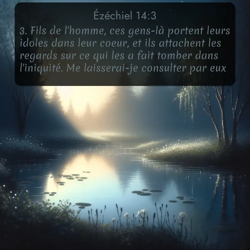 Segond Ézéchiel  ; image nature: image avec le verset biblique :Fils de l&#039;homme, ces gens-là portent leurs idoles dans leur coeur, et ils attachent les regards sur ce qui les a fait tomber dans l&#039;iniquité. Me laisserai-je consulter par eux? ;  ; 14:3