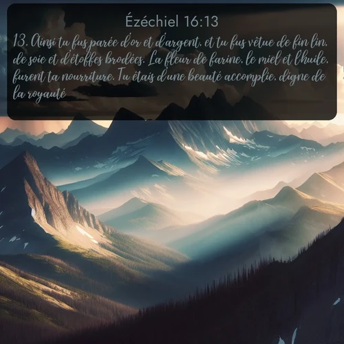 Segond Ézéchiel  ; image nature: image avec le verset biblique :Ainsi tu fus parée d&#039;or et d&#039;argent, et tu fus vêtue de fin lin, de soie et d&#039;étoffes brodées. La fleur de farine, le miel et l&#039;huile, furent ta nourriture. Tu étais d&#039;une beauté accomplie, digne de la royauté. ;  ; 16:13