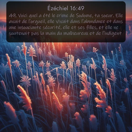Segond Ézéchiel  ; image nature: image avec le verset biblique :Voici quel a été le crime de Sodome, ta soeur. Elle avait de l&#039;orgueil, elle vivait dans l&#039;abondance et dans une insouciante sécurité, elle et ses filles, et elle ne soutenait pas la main du malheureux et de l&#039;indigent. ;  ; 16:49