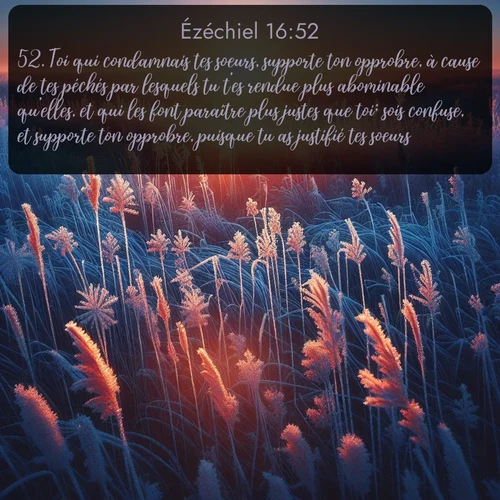Segond Ézéchiel  ; image nature: image avec le verset biblique :Toi qui condamnais tes soeurs, supporte ton opprobre, à cause de tes péchés par lesquels tu t&#039;es rendue plus abominable qu&#039;elles, et qui les font paraître plus justes que toi; sois confuse, et supporte ton opprobre, puisque tu as justifié tes soeurs. ;  ; 16:52