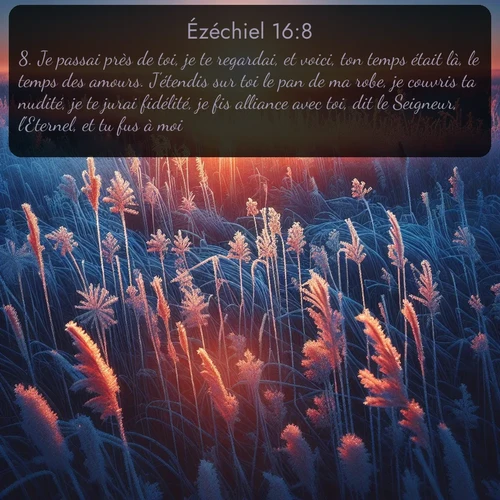 Segond Ézéchiel  ; image nature: image avec le verset biblique :Je passai près de toi, je te regardai, et voici, ton temps était là, le temps des amours. J&#039;étendis sur toi le pan de ma robe, je couvris ta nudité, je te jurai fidélité, je fis alliance avec toi, dit le Seigneur, l&#039;Eternel, et tu fus à moi. ;  ; 16:8