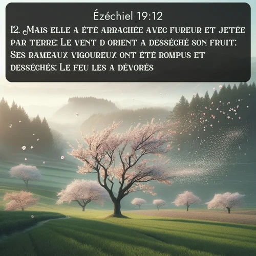 Segond Ézéchiel  ; image nature: image avec le verset biblique :Mais elle a été arrachée avec fureur et jetée par terre; Le vent d&#039;orient a desséché son fruit; Ses rameaux vigoureux ont été rompus et desséchés; Le feu les a dévorés. ;  ; 19:12
