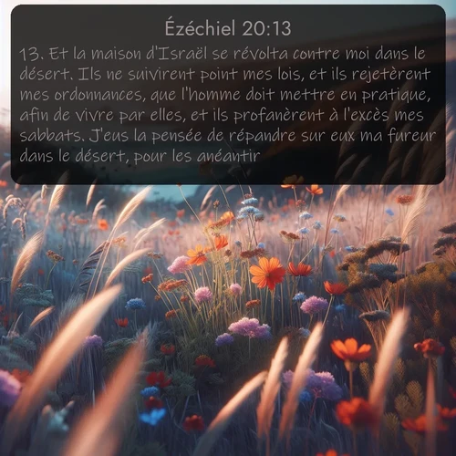 Segond Ézéchiel  ; image nature: image avec le verset biblique :Et la maison d&#039;Israël se révolta contre moi dans le désert. Ils ne suivirent point mes lois, et ils rejetèrent mes ordonnances, que l&#039;homme doit mettre en pratique, afin de vivre par elles, et ils profanèrent à l&#039;excès mes sabbats. J&#039;eus la pensée de répandre sur eux ma fureur dans le désert, pour les anéantir. ;  ; 20:13