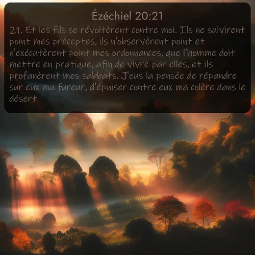 Segond Ézéchiel  ; image nature: image avec le verset biblique :Et les fils se révoltèrent contre moi. Ils ne suivirent point mes préceptes, ils n&#039;observèrent point et n&#039;exécutèrent point mes ordonnances, que l&#039;homme doit mettre en pratique, afin de vivre par elles, et ils profanèrent mes sabbats. J&#039;eus la pensée de répandre sur eux ma fureur, d&#039;épuiser contre eux ma colère dans le désert. ;  ; 20:21