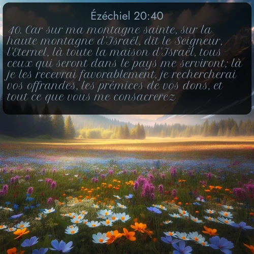 Segond Ézéchiel  ; image nature: image avec le verset biblique :Car sur ma montagne sainte, sur la haute montagne d&#039;Israël, dit le Seigneur, l&#039;Eternel, là toute la maison d&#039;Israël, tous ceux qui seront dans le pays me serviront; là je les recevrai favorablement, je rechercherai vos offrandes, les prémices de vos dons, et tout ce que vous me consacrerez. ;  ; 20:40