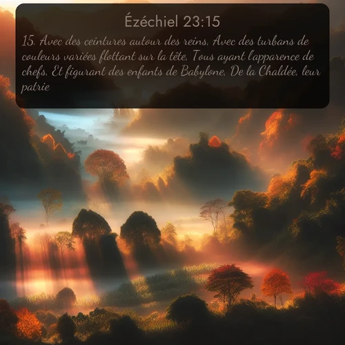 Segond Ézéchiel  ; image nature: image avec le verset biblique :Avec des ceintures autour des reins, Avec des turbans de couleurs variées flottant sur la tête, Tous ayant l&#039;apparence de chefs, Et figurant des enfants de Babylone, De la Chaldée, leur patrie; ;  ; 23:15