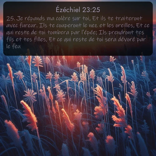 Segond Ézéchiel  ; image nature: image avec le verset biblique :Je répands ma colère sur toi, Et ils te traiteront avec fureur. Ils te couperont le nez et les oreilles, Et ce qui reste de toi tombera par l&#039;épée; Ils prendront tes fils et tes filles, Et ce qui reste de toi sera dévoré par le feu. ;  ; 23:25