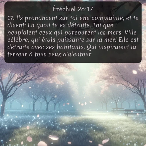 Segond Ézéchiel  ; image nature: image avec le verset biblique :Ils prononcent sur toi une complainte, et te disent: Eh quoi! tu es détruite, Toi que peuplaient ceux qui parcourent les mers, Ville célèbre, qui étais puissante sur la mer! Elle est détruite avec ses habitants, Qui inspiraient la terreur à tous ceux d&#039;alentour! ;  ; 26:17