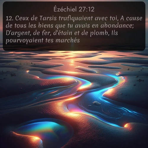Segond Ézéchiel  ; image nature: image avec le verset biblique :Ceux de Tarsis trafiquaient avec toi, A cause de tous les biens que tu avais en abondance; D&#039;argent, de fer, d&#039;étain et de plomb, Ils pourvoyaient tes marchés. ;  ; 27:12