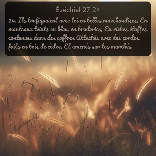 Segond Ézéchiel  ; image nature: image avec le verset biblique :Ils trafiquaient avec toi en belles marchandises, En manteaux teints en bleu, en broderies, En riches étoffes contenues dans des coffres Attachés avec des cordes, faits en bois de cèdre, Et amenés sur tes marchés. ;  ; 27:24