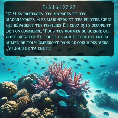 Segond Ézéchiel  ; image nature: image avec le verset biblique :Tes richesses, tes marchés et tes marchandises, Tes mariniers et tes pilotes, Ceux qui réparent tes fissures Et ceux qui s&#039;occupent de ton commerce, Tous tes hommes de guerre qui sont chez toi Et toute la multitude qui est au milieu de toi Tomberont dans le coeur des mers, Au jour de ta chute. ;  ; 27:27