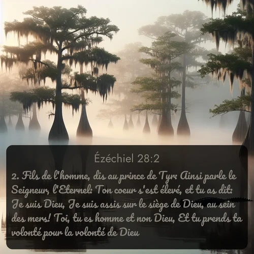 Segond Ézéchiel  ; image nature: image avec le verset biblique :Fils de l&#039;homme, dis au prince de Tyr: Ainsi parle le Seigneur, l&#039;Eternel: Ton coeur s&#039;est élevé, et tu as dit: Je suis Dieu, Je suis assis sur le siège de Dieu, au sein des mers! Toi, tu es homme et non Dieu, Et tu prends ta volonté pour la volonté de Dieu. ;  ; 28:2