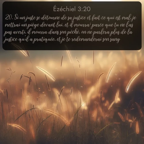 Segond Ézéchiel  ; image nature: image avec le verset biblique :Si un juste se détourne de sa justice et fait ce qui est mal, je mettrai un piège devant lui, et il mourra; parce que tu ne l&#039;as pas averti, il mourra dans son péché, on ne parlera plus de la justice qu&#039;il a pratiquée, et je te redemanderai son sang. ;  ; 3:20