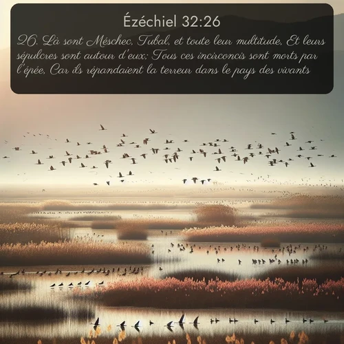 Segond Ézéchiel  ; image nature: image avec le verset biblique :Là sont Méschec, Tubal, et toute leur multitude, Et leurs sépulcres sont autour d&#039;eux; Tous ces incirconcis sont morts par l&#039;épée, Car ils répandaient la terreur dans le pays des vivants. ;  ; 32:26
