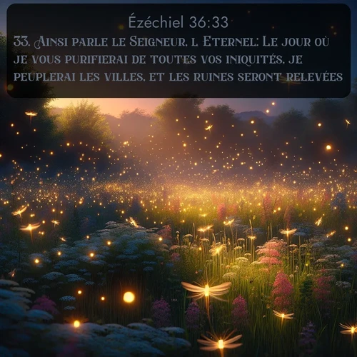 Segond Ézéchiel  ; image nature: image avec le verset biblique :Ainsi parle le Seigneur, l&#039;Eternel: Le jour où je vous purifierai de toutes vos iniquités, je peuplerai les villes, et les ruines seront relevées; ;  ; 36:33