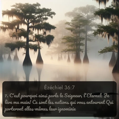 Segond Ézéchiel  ; image nature: image avec le verset biblique :C&#039;est pourquoi ainsi parle le Seigneur, l&#039;Eternel: Je lève ma main! Ce sont les nations qui vous entourent Qui porteront elles-mêmes leur ignominie. ;  ; 36:7