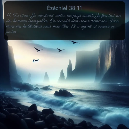 Segond Ézéchiel  ; image nature: image avec le verset biblique :Tu diras: Je monterai contre un pays ouvert, Je fondrai sur des hommes tranquilles, En sécurité dans leurs demeures, Tous dans des habitations sans murailles, Et n&#039;ayant ni verrous ni portes; ;  ; 38:11