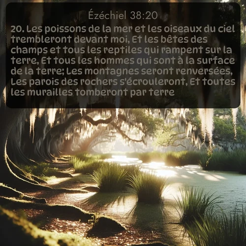 Segond Ézéchiel  ; image nature: image avec le verset biblique :Les poissons de la mer et les oiseaux du ciel trembleront devant moi, Et les bêtes des champs et tous les reptiles qui rampent sur la terre, Et tous les hommes qui sont à la surface de la terre; Les montagnes seront renversées, Les parois des rochers s&#039;écrouleront, Et toutes les murailles tomberont par terre. ;  ; 38:20