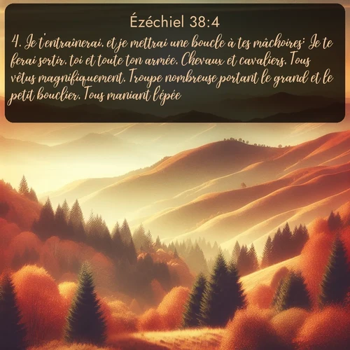 Segond Ézéchiel  ; image nature: image avec le verset biblique :Je t&#039;entraînerai, et je mettrai une boucle à tes mâchoires; Je te ferai sortir, toi et toute ton armée, Chevaux et cavaliers, Tous vêtus magnifiquement, Troupe nombreuse portant le grand et le petit bouclier, Tous maniant l&#039;épée; ;  ; 38:4