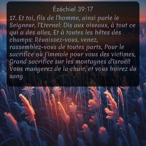 Segond Ézéchiel  ; image nature: image avec le verset biblique :Et toi, fils de l&#039;homme, ainsi parle le Seigneur, l&#039;Eternel: Dis aux oiseaux, à tout ce qui a des ailes, Et à toutes les bêtes des champs: Réunissez-vous, venez, rassemblez-vous de toutes parts, Pour le sacrifice où j&#039;immole pour vous des victimes, Grand sacrifice sur les montagnes d&#039;Israël! Vous mangerez de la chair, et vous boirez du sang. ;  ; 39:17