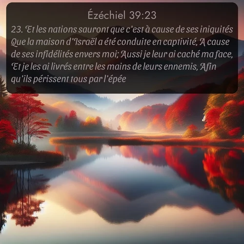 Segond Ézéchiel  ; image nature: image avec le verset biblique :Et les nations sauront que c&#039;est à cause de ses iniquités Que la maison d&#039;Israël a été conduite en captivité, A cause de ses infidélités envers moi; Aussi je leur ai caché ma face, Et je les ai livrés entre les mains de leurs ennemis, Afin qu&#039;ils périssent tous par l&#039;épée. ;  ; 39:23