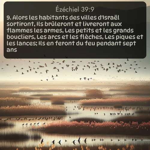Segond Ézéchiel  ; image nature: image avec le verset biblique :Alors les habitants des villes d&#039;Israël sortiront, Ils brûleront et livreront aux flammes les armes, Les petits et les grands boucliers, Les arcs et les flèches, Les piques et les lances; Ils en feront du feu pendant sept ans. ;  ; 39:9