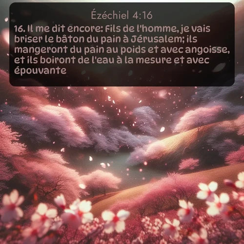 Segond Ézéchiel  ; image nature: image avec le verset biblique :Il me dit encore: Fils de l&#039;homme, je vais briser le bâton du pain à Jérusalem; ils mangeront du pain au poids et avec angoisse, et ils boiront de l&#039;eau à la mesure et avec épouvante. ;  ; 4:16