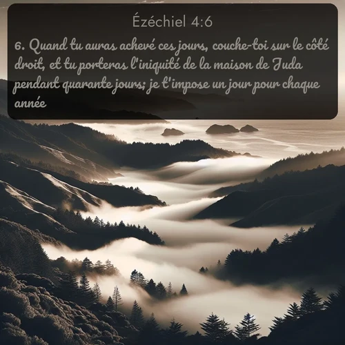 Segond Ézéchiel  ; image nature: image avec le verset biblique :Quand tu auras achevé ces jours, couche-toi sur le côté droit, et tu porteras l&#039;iniquité de la maison de Juda pendant quarante jours; je t&#039;impose un jour pour chaque année. ;  ; 4:6