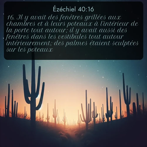 Segond Ézéchiel  ; image nature: image avec le verset biblique :Il y avait des fenêtres grillées aux chambres et à leurs poteaux à l&#039;intérieur de la porte tout autour; il y avait aussi des fenêtres dans les vestibules tout autour intérieurement; des palmes étaient sculptées sur les poteaux. ;  ; 40:16