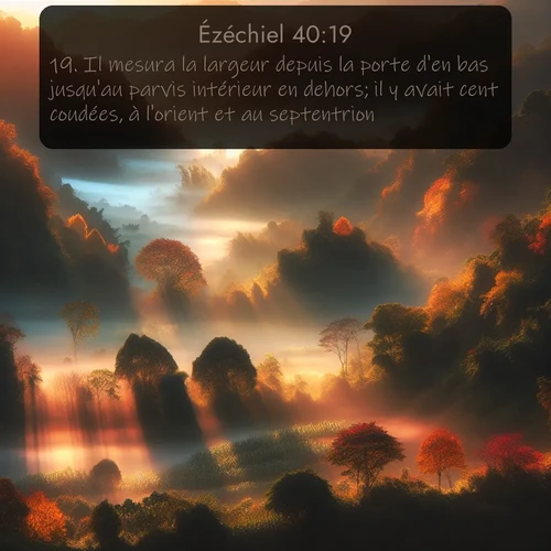 Segond Ézéchiel  ; image nature: image avec le verset biblique :Il mesura la largeur depuis la porte d&#039;en bas jusqu&#039;au parvis intérieur en dehors; il y avait cent coudées, à l&#039;orient et au septentrion. ;  ; 40:19