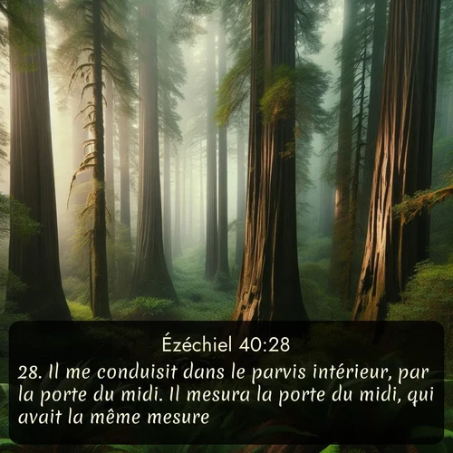 Segond Ézéchiel  ; image nature: image avec le verset biblique :Il me conduisit dans le parvis intérieur, par la porte du midi. Il mesura la porte du midi, qui avait la même mesure. ;  ; 40:28