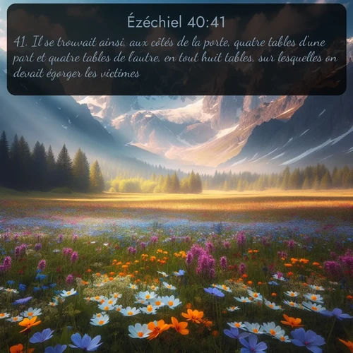Segond Ézéchiel  ; image nature: image avec le verset biblique :Il se trouvait ainsi, aux côtés de la porte, quatre tables d&#039;une part et quatre tables de l&#039;autre, en tout huit tables, sur lesquelles on devait égorger les victimes. ;  ; 40:41