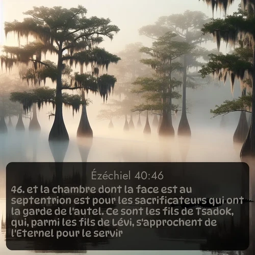 Segond Ézéchiel  ; image nature: image avec le verset biblique :et la chambre dont la face est au septentrion est pour les sacrificateurs qui ont la garde de l&#039;autel. Ce sont les fils de Tsadok, qui, parmi les fils de Lévi, s&#039;approchent de l&#039;Eternel pour le servir. ;  ; 40:46