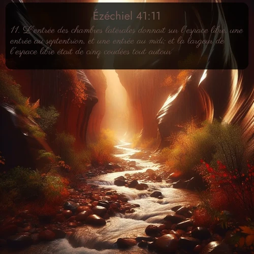 Segond Ézéchiel  ; image nature: image avec le verset biblique :L&#039;entrée des chambres latérales donnait sur l&#039;espace libre, une entrée au septentrion, et une entrée au midi; et la largeur de l&#039;espace libre était de cinq coudées tout autour. ;  ; 41:11