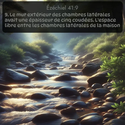 Segond Ézéchiel  ; image nature: image avec le verset biblique :Le mur extérieur des chambres latérales avait une épaisseur de cinq coudées. L&#039;espace libre entre les chambres latérales de la maison ;  ; 41:9