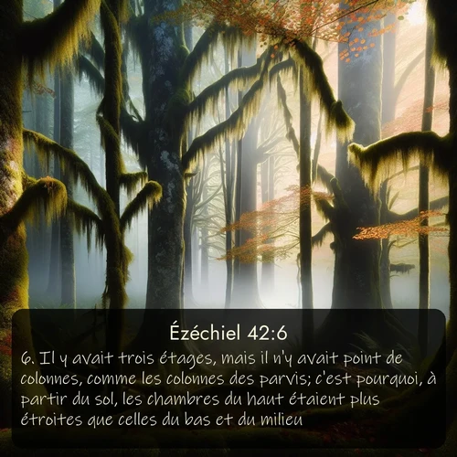 Segond Ézéchiel  ; image nature: image avec le verset biblique :Il y avait trois étages, mais il n&#039;y avait point de colonnes, comme les colonnes des parvis; c&#039;est pourquoi, à partir du sol, les chambres du haut étaient plus étroites que celles du bas et du milieu. ;  ; 42:6