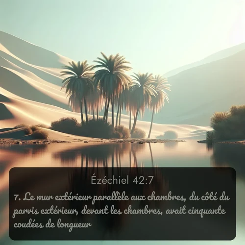 Segond Ézéchiel  ; image nature: image avec le verset biblique :Le mur extérieur parallèle aux chambres, du côté du parvis extérieur, devant les chambres, avait cinquante coudées de longueur; ;  ; 42:7