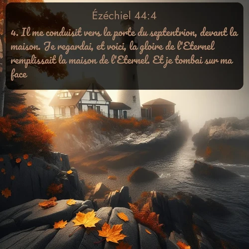 Segond Ézéchiel  ; image nature: image avec le verset biblique :Il me conduisit vers la porte du septentrion, devant la maison. Je regardai, et voici, la gloire de l&#039;Eternel remplissait la maison de l&#039;Eternel. Et je tombai sur ma face. ;  ; 44:4