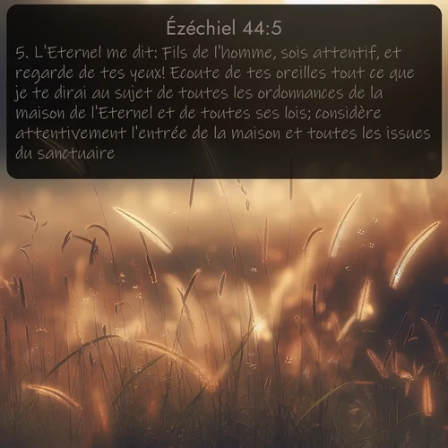 Segond Ézéchiel  ; image nature: image avec le verset biblique :L&#039;Eternel me dit: Fils de l&#039;homme, sois attentif, et regarde de tes yeux! Ecoute de tes oreilles tout ce que je te dirai au sujet de toutes les ordonnances de la maison de l&#039;Eternel et de toutes ses lois; considère attentivement l&#039;entrée de la maison et toutes les issues du sanctuaire. ;  ; 44:5