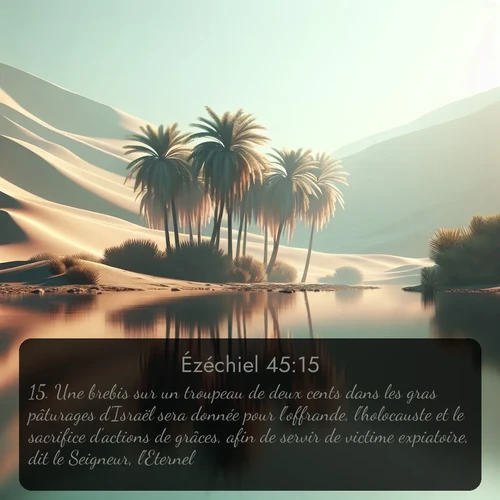 Segond Ézéchiel  ; image nature: image avec le verset biblique :Une brebis sur un troupeau de deux cents dans les gras pâturages d&#039;Israël sera donnée pour l&#039;offrande, l&#039;holocauste et le sacrifice d&#039;actions de grâces, afin de servir de victime expiatoire, dit le Seigneur, l&#039;Eternel. ;  ; 45:15