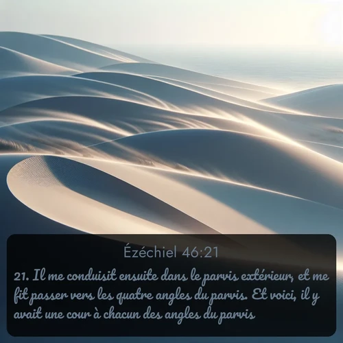 Segond Ézéchiel  ; image nature: image avec le verset biblique :Il me conduisit ensuite dans le parvis extérieur, et me fit passer vers les quatre angles du parvis. Et voici, il y avait une cour à chacun des angles du parvis. ;  ; 46:21